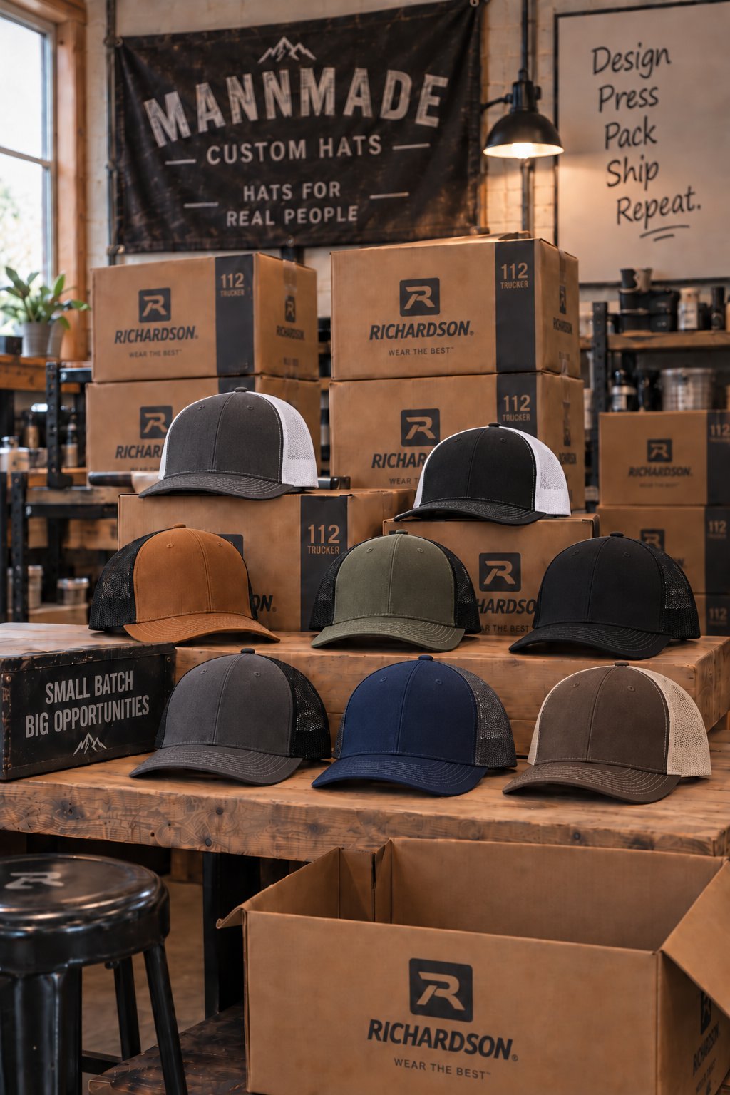 Bulk order of custom company hats prepared for a recurring business restock.