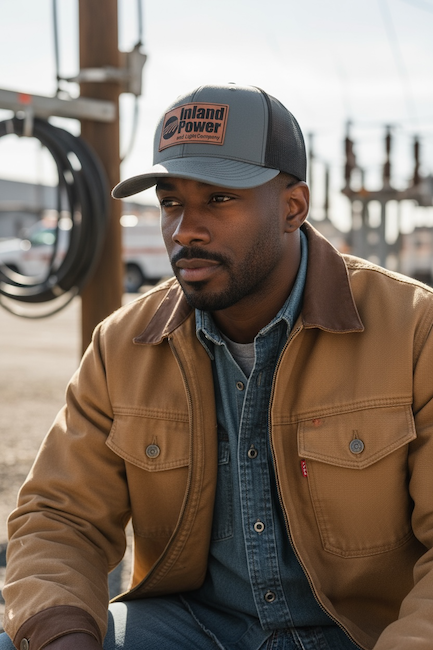 Model displaying personalized logo trucker hat with engraved leather patch.