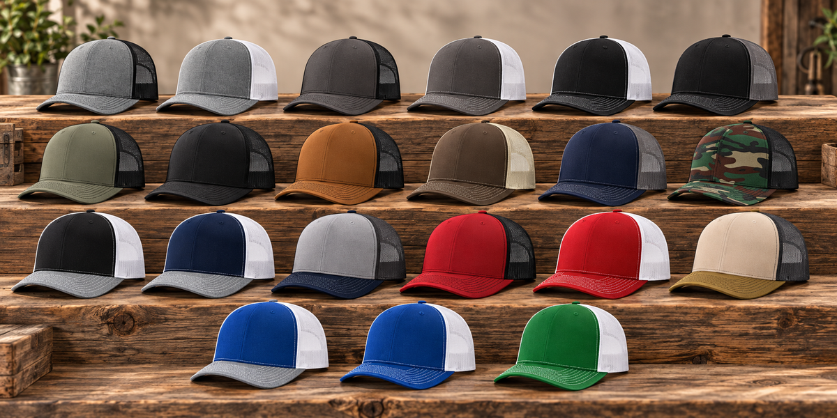 Multiple Richardson 112 trucker hat colors available for custom company hat orders.
