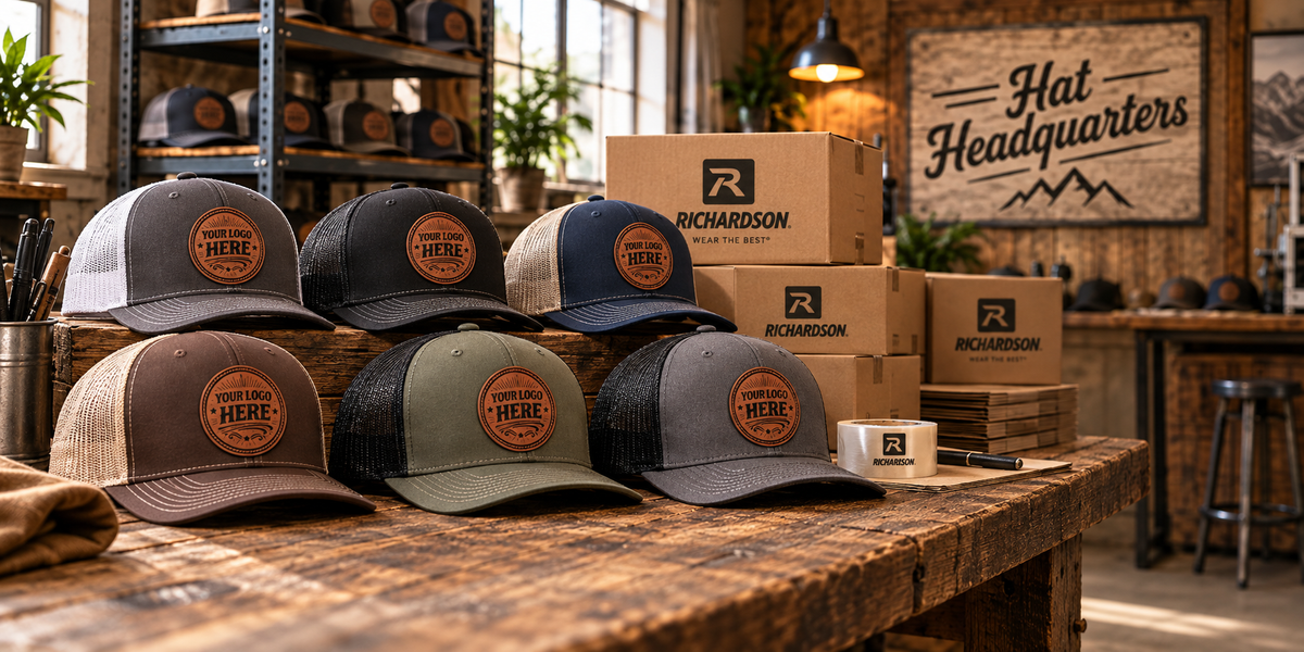 Custom Richardson 112 hats with leather patches and Richardson boxes in the Hat Headquarters workshop